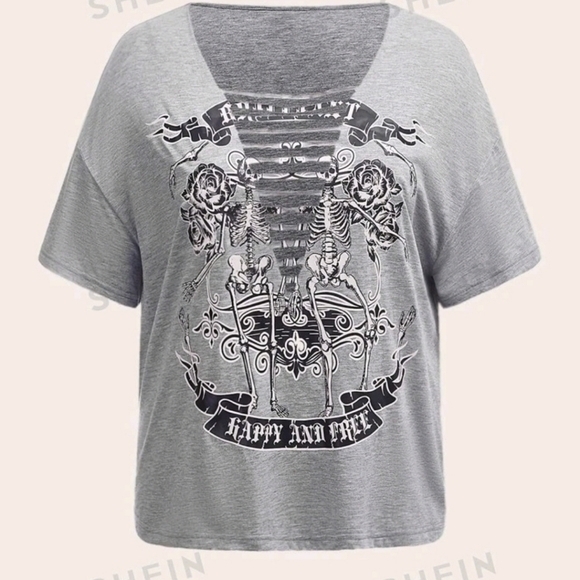 💥NEW💥 SHEIN RIPPED SKELETON PUNK CROP TEE - Picture 1 of 3